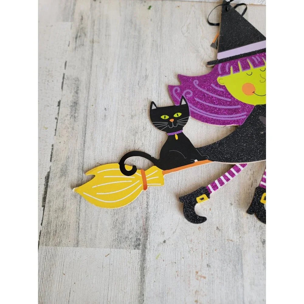 Glitter witch broom set cat AS IS Halloween sign hanging decor‎